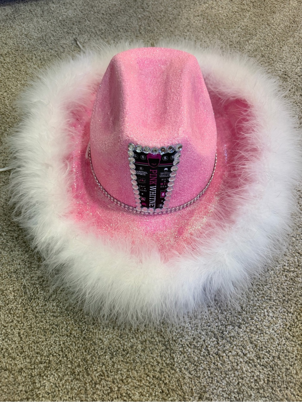 Pink Whitney Pink and White Feather Trim Glitter Cowboy Hat